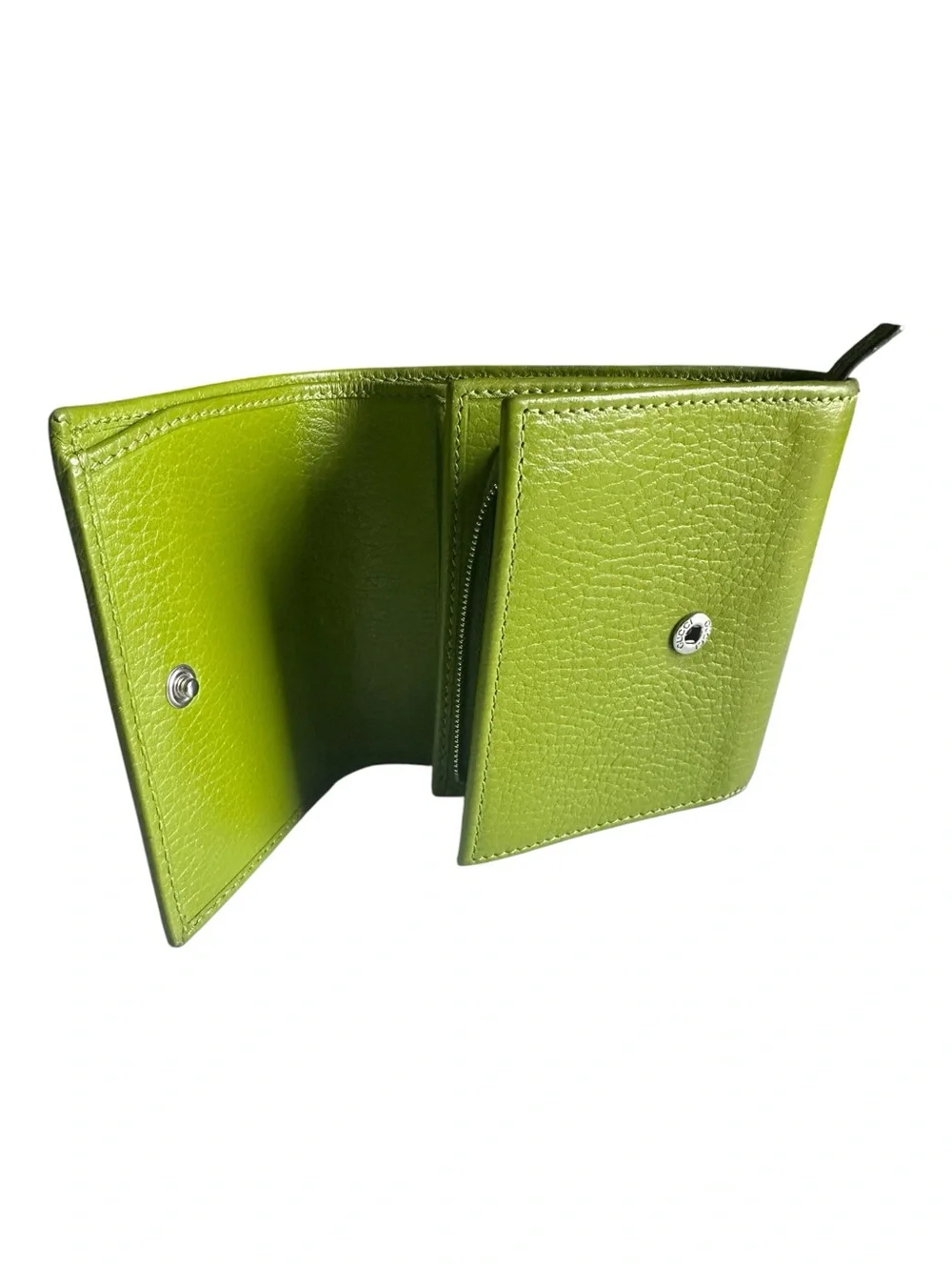 Authentic Gucci GG Marmont Lime Green Pebbled Leather Compact Wallet